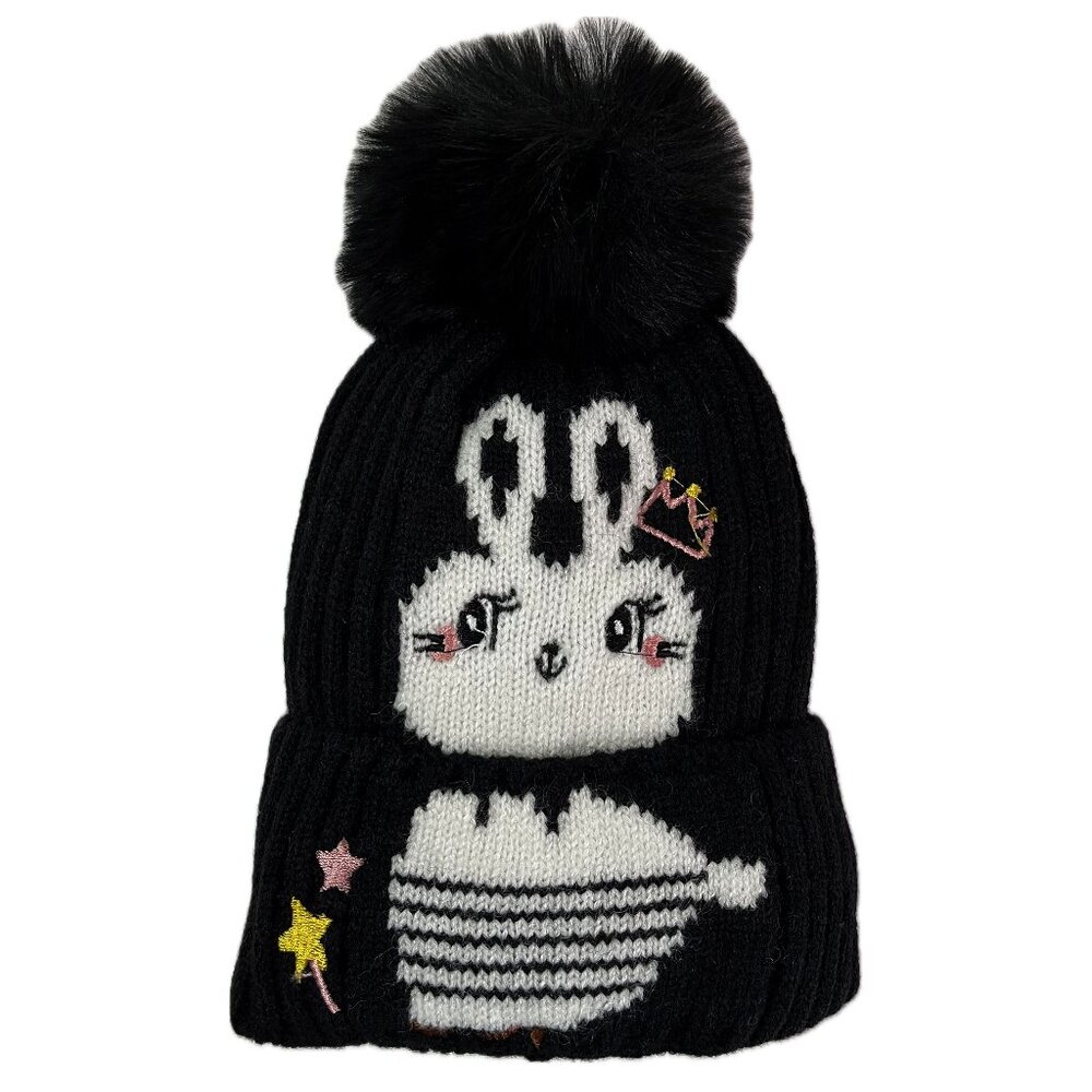 Bunny Kids Boys Girls Winter Pom Pom Xmas Holidays Knitted Warm Hat Beanie-Black